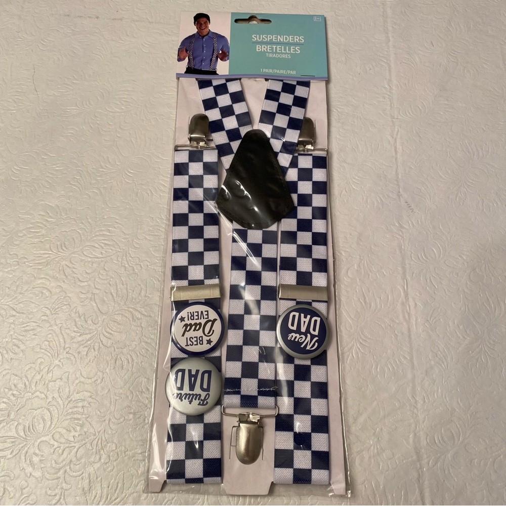“Future Boy  Dad” Checkered Suspenders with Dad Pins- One Size- New in Package